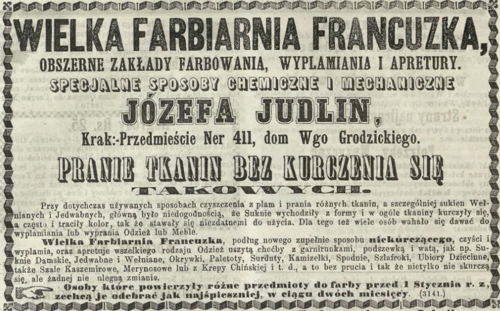 Reklama farbiarni Józefa Judlina z 1866 Kurier Warszawski