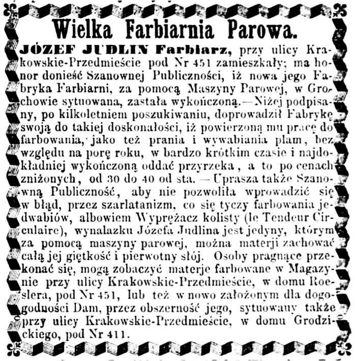 Józef Judlin Ogłoszenie 1862 grudzień Wielka Farbiarnia Parowa