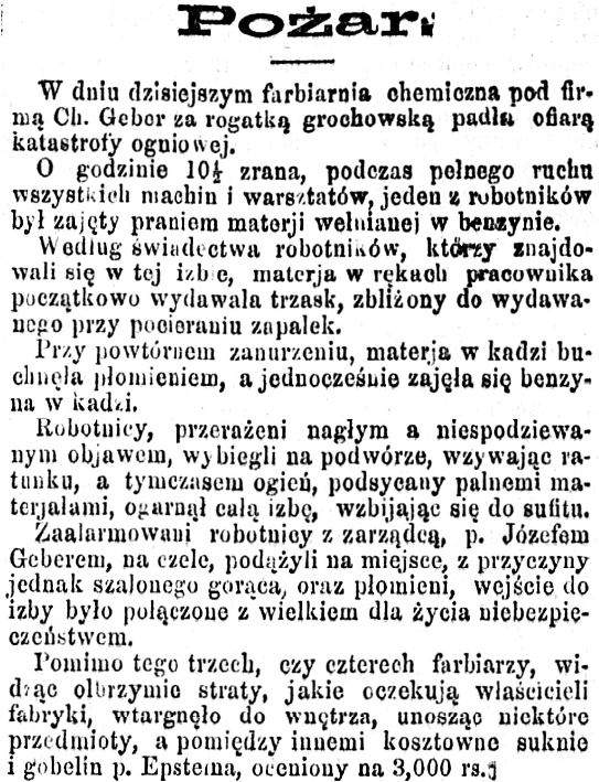 Charles Geber Pożar artykuły w prasie 1889 czerwiec 3