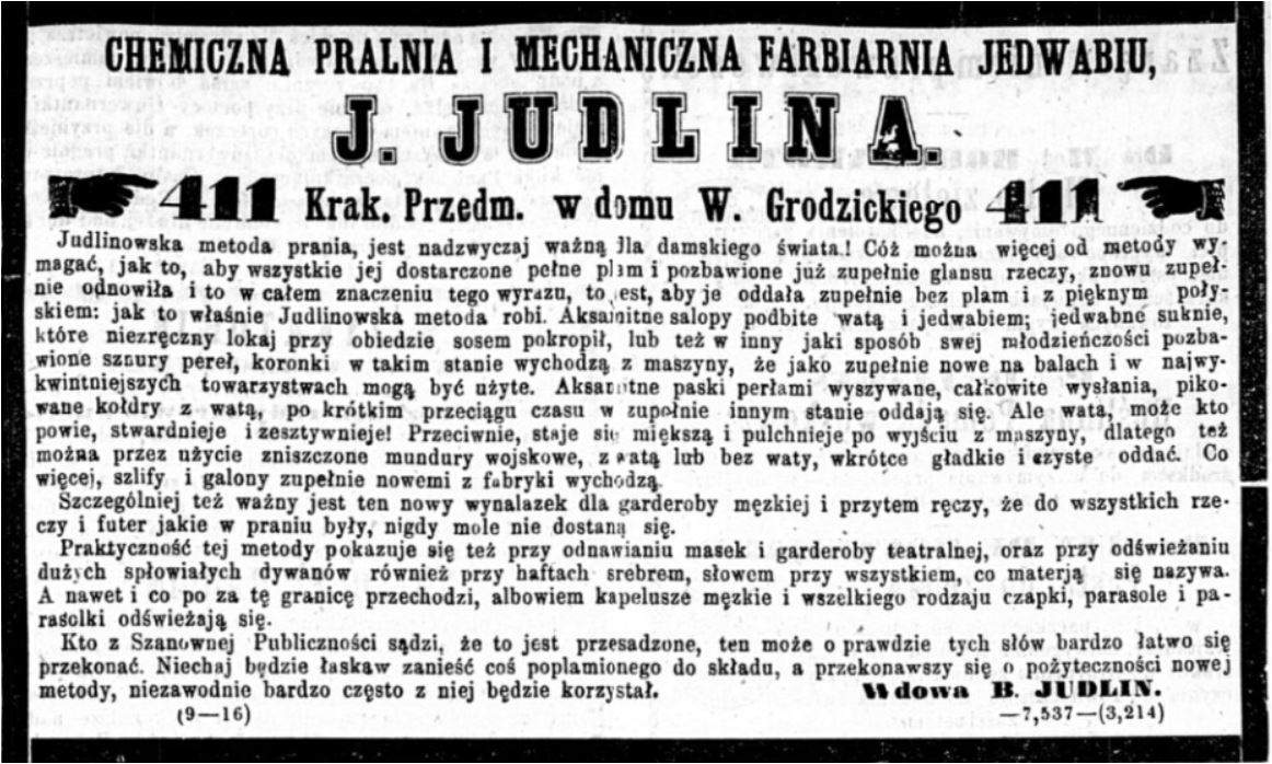 Józef Judlin reklama sierpień 1868 wdowa B. Judlin