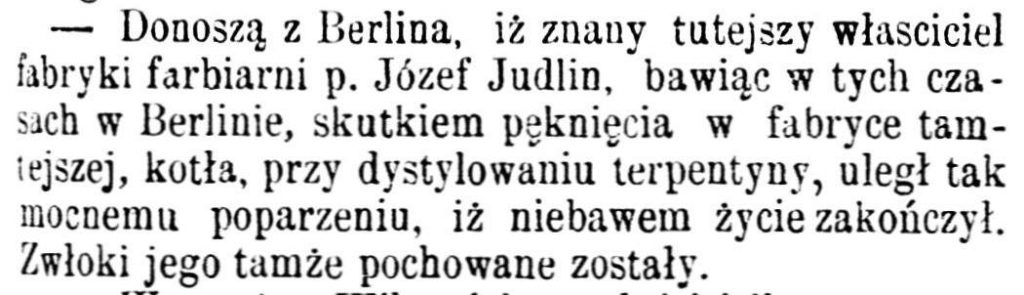 Józef Judlin informacja o wypadku Kurjer Codzienny 1867