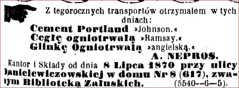 Reklama Kantoru Augusta Nepros, męża Klementyny Adolph