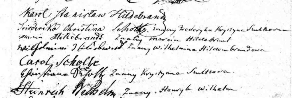 Karol Scholtze podpisyw na akcie ślubu z 1814 roku