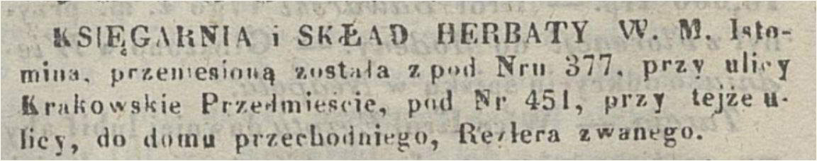 Nowy adres Składu Herbaty W. M. Istomina Kurjer Warszawski 3 lipca 1842 no 171