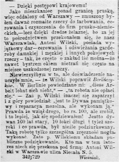 Antoni Wilski podziękowanie 1879