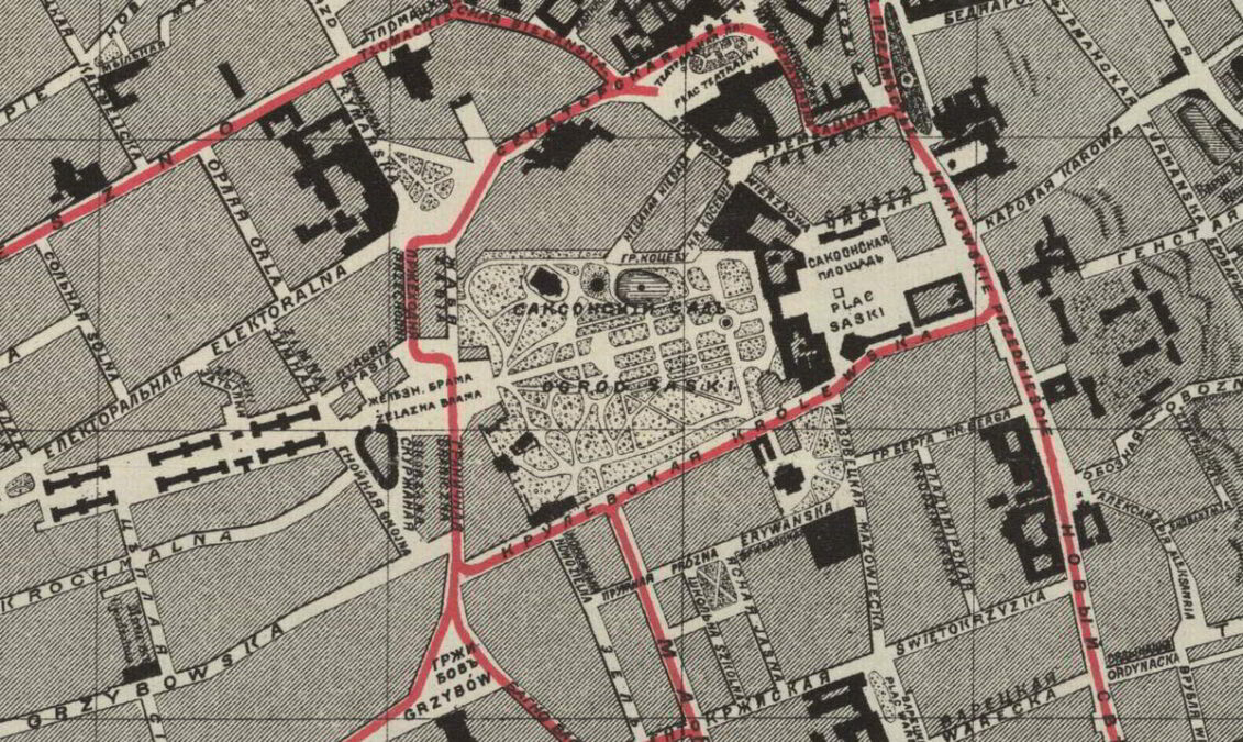 Plan miasta Warszawy z zaznaczeniem sieci tramwajów konnych 1879 roku