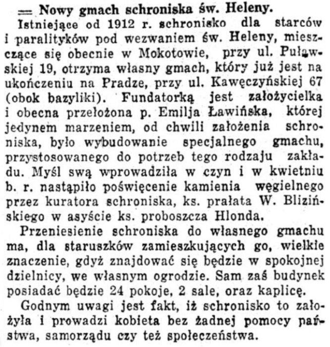 Helena Ławińska fundatorką schroniska św. Heleny. Kurjer Warszawski 17 października 1932 roku. Polona