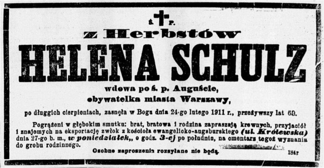 Nekrolog Helena Schulz z domu Herbst Kurjer Warszawski 25 lutego 1911 roku. Źródło: Polona