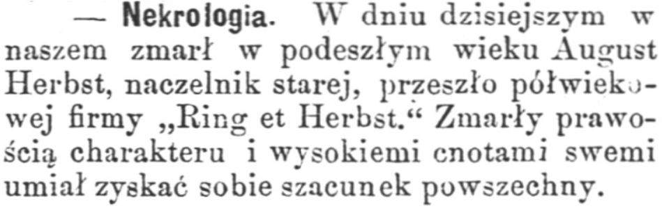 Nekrolog August Herbst. Gazeta Handlowa Pismo poświęcone handlowi, przemysłowi fabrycznemu i rolniczemu 5 kwietnia 1882. Źródło: Polona 