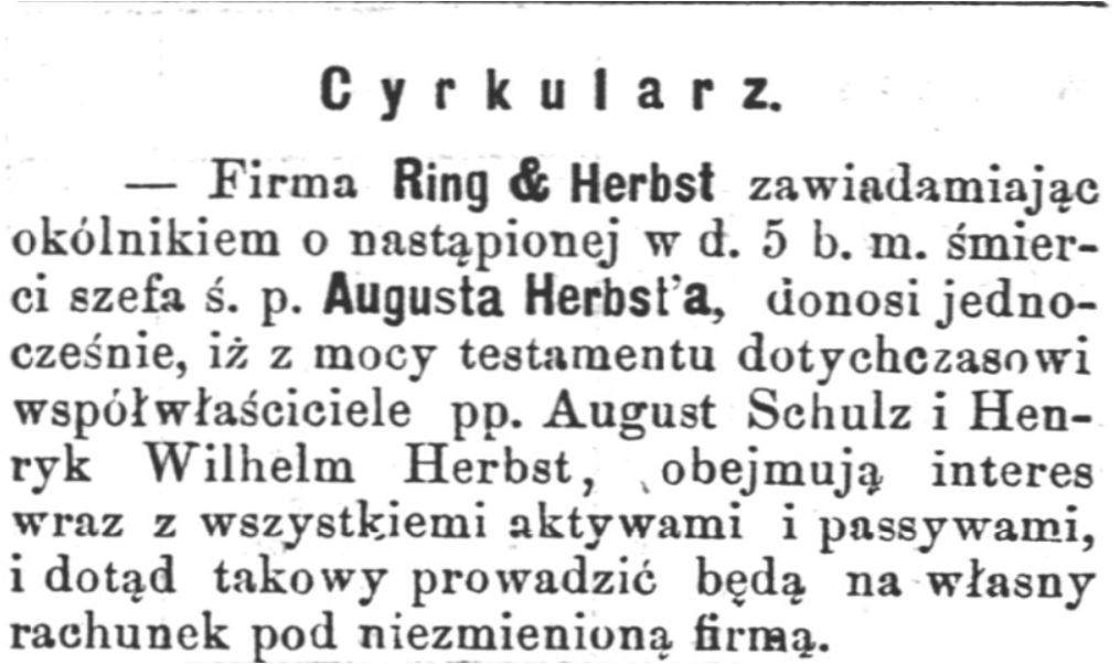 Ring et Herbst śmierć August Herbst Gazeta Handlowa Pismo poświęcone handlowi, przemysłowi fabrycznemu i rolniczemu 25 kwietnia 1882. Źródło: Polona 
