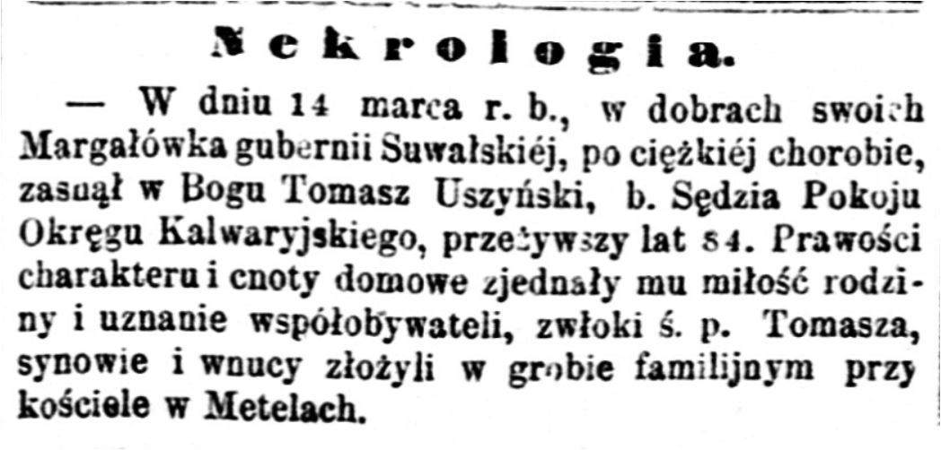 Nekrolog Tomasza Uszyńskiego, Gazeta Warszawska 14 kwietnia 1871 roku, Źródło: Polona 
