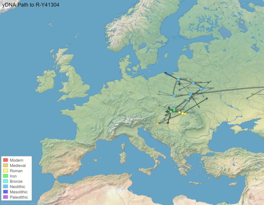 Przybliżenie na Europę z dodaniem kierunków ekspansji potomków Źródło: Tracking Back