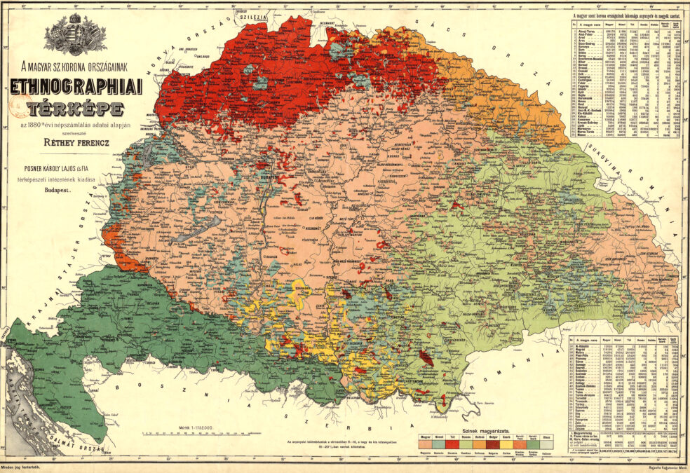 Mapa etnograficzna Królestwa Węgier wg spisu 1880.