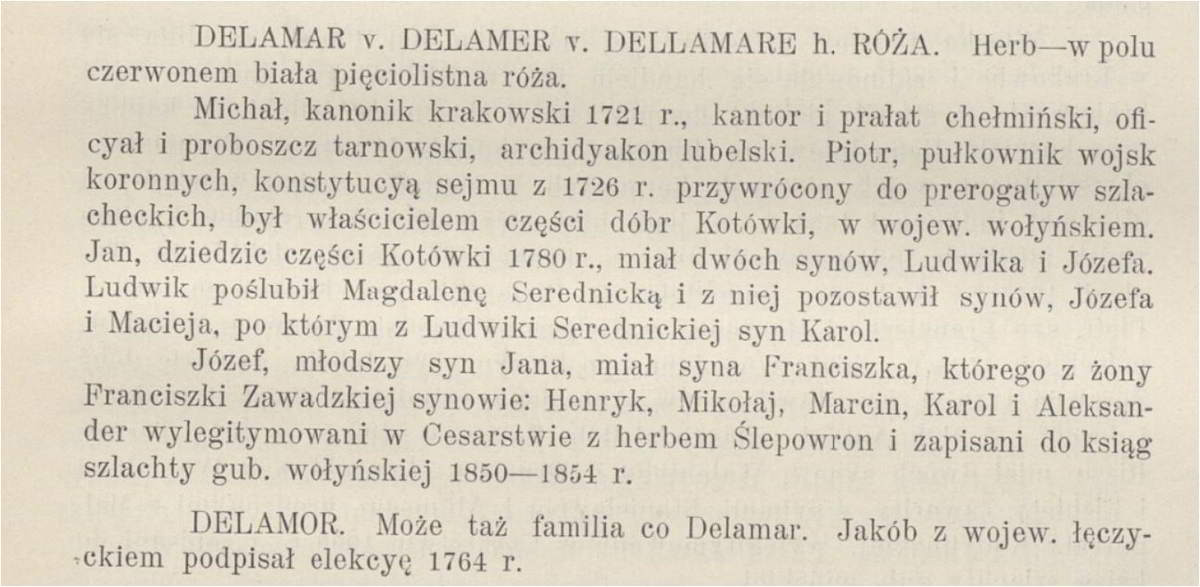 Delamar Delamer Dellamare h Róża w Seweryn  Uruski Rodzina : herbarz szlachty polskiej.  Występuje Karol de Lamer