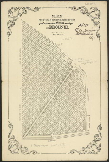 Plan Cmentarza Rzymsko-Katolickiego pod wezwaniem Ś-tego Wincentego na Bródnie po 1926 roku. Źródło: Polona