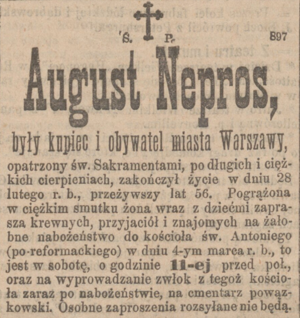 August Nepros nekrolog Kurjer Warszawski 2 marca 1893.